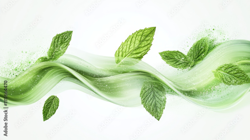 Realistic set of abstract green waves with leaves isolated on ...