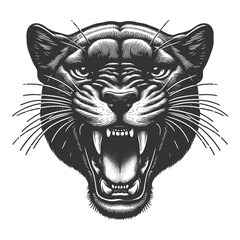 Wall Mural - fierce roar growling panther head. Tattoo design, evoking a wild and powerful presence sketch engraving generative ai vector illustration. Scratch board imitation. Black and white image.