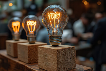 Three light bulbs are on top of wooden blocks