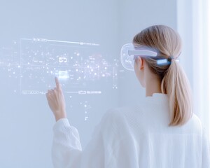 Aufkleber - Woman Using Holographic Interface in Futuristic Living Room with Ambient Lighting