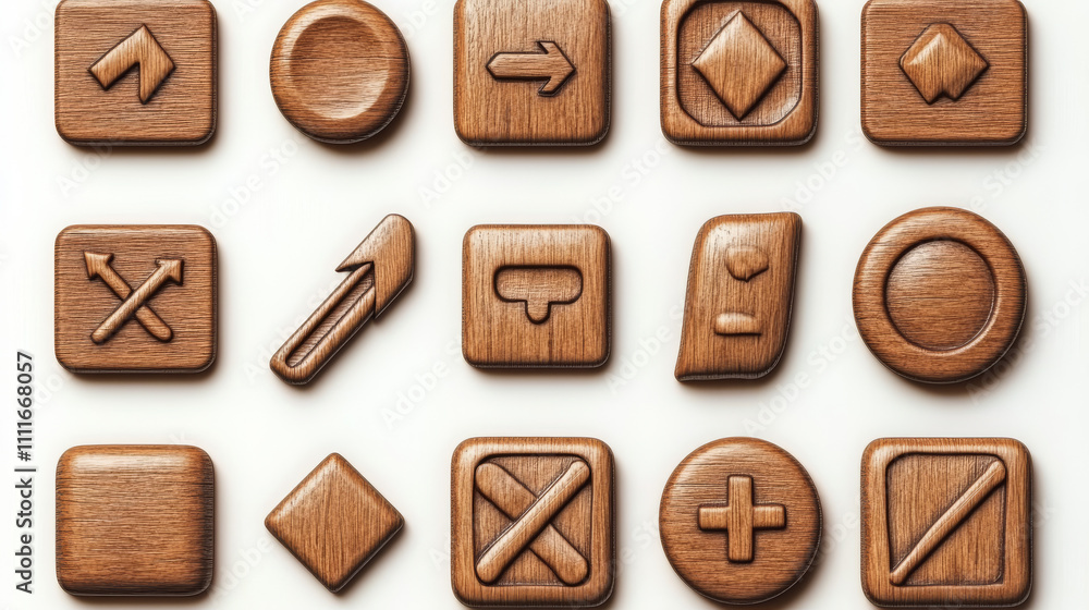 Wooden web buttons, round icons for game interface. Vector cartoon set ...