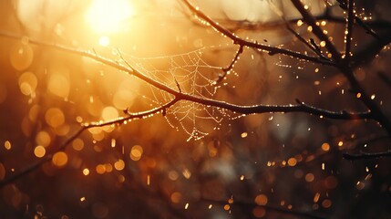 Glistening dew drops on intricate spiderwebs among tree branches illuminated by warm sunlight
