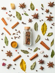 Fototapete - Colorful spice jars and aromatic herbs create an inviting culinary scene on a clean white surface. Generative AI