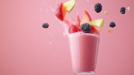 Poster - Colorful fruit smoothie splashes in a glass against a vibrant pink background