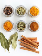 Poster - Small jars filled with colorful spices, complemented by aromatic bay leaves and cinnamon sticks, create a lively food presentation. Generative AI