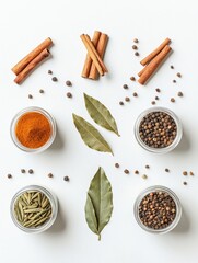 Fototapete - Small jars filled with vibrant spices are arranged with bay leaves and cinnamon sticks, creating an aromatic display with space for text. Generative AI