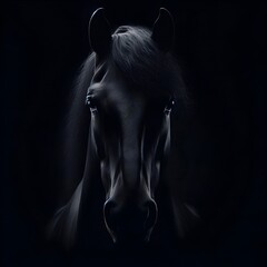 A black horse pony head looking directly at the front illuminated with dramatic lighting dark.