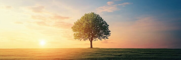 Aufkleber - A solitary tree stands in an expansive field as the sun sets, casting warm hues across the sky with plenty of room for captions. Generative AI