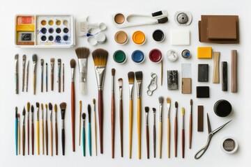 Poster - Hobby and DIY tools such as brushes, scissors, glue, and paints are neatly arranged on a white background with space for creativity. Generative AI