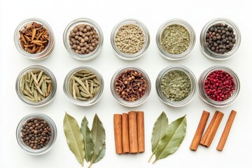 Fototapete - Small jars filled with colorful spices, including bay leaves and cinnamon sticks, are arranged on a white background with room for text. Generative AI