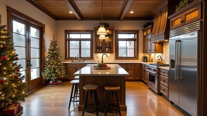 Loft interior of a cozy modern Christmas kitchen, new Year's mood, preparing for holiday, utensils. Christmas decor of a contemporary kitchen, snow outside window. 