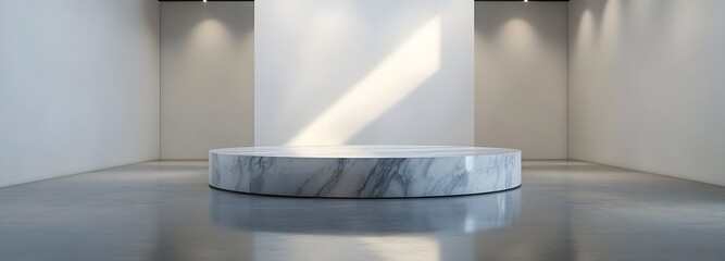 Wall Mural - A marble podium surrounded by empty space in a bright, airy gallery, with soft overhead lighting casting a serene glow on the polished surface, creating a modern showcase environment