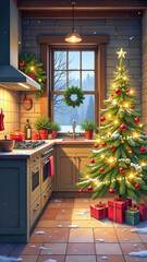 Wall Mural - Rustic interior of a cozy Christmas kitchen, new Year's mood, preparing for the holiday, utensils. Christmas decor of a snow kitchen with a cooked dinner. 