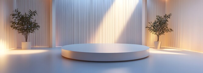 Wall Mural - A round, futuristic podium standing in the middle of a spacious room with high ceilings and soft ambient light, emphasizing the spaciousness for a product reveal