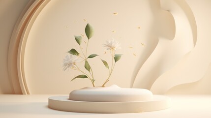 Wall Mural - A Minimalist Art Display Featuring Delicate Flowers and Green Leaves in a Soft Neutral Color Scheme with Subtle Floating Petals Enhancing the Aesthetic Appeal