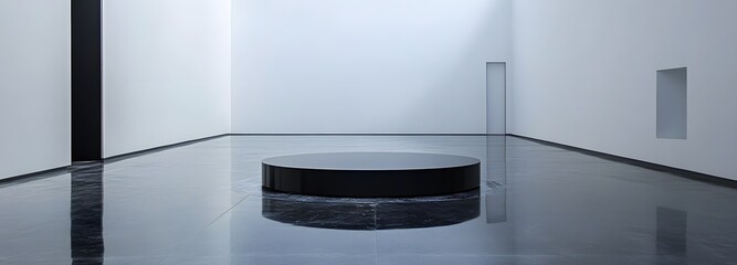 Wall Mural - a sleek black podium on a polished stone floor in a massive, white-walled gallery, with a large empt