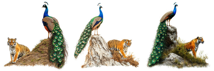  Set of View of a peacock standing on a hill watching a tiger with flowers isolated on a transparent background