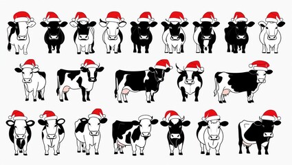 Wall Mural - Cute cows wearing Santa hats, perfect for festive themes and holiday designs.