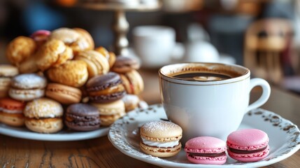 French cafe with a background of macarons, colorful macarons and a cup of espresso , morning Coffee cup with sweet dessert