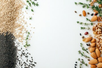 Poster - Organic seeds, nuts, and herbs are beautifully arranged on a white background, providing a clean space for relevant text or information. Generative AI