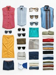 Poster - Different shirts, pants, and accessories are arranged neatly on a white background, offering a spacious area for additional text or design elements. Generative AI