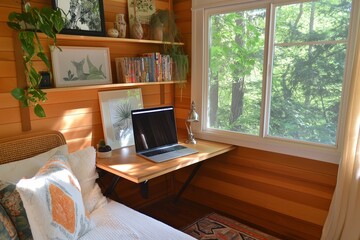 Aufkleber - A tiny home office nook with a fold-out desk and neatly organized shelves above