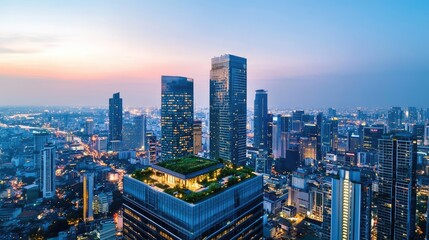  Skyline view of modern city with skyscrapers during sunset.