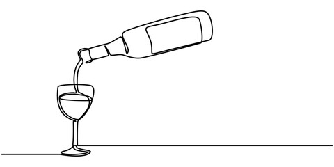 Wine glass and bottle one continuous line drawing vector illustration. Pro vector, Wine bottles illustration, Wine Bottle Continuous Vector Line Icon, Single line drawing of a wine glass, Continuous.