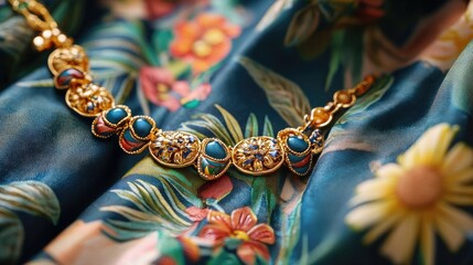 Wall Mural - Elegant Gold Bracelet with Blue Gems on Colorful Floral Fabric