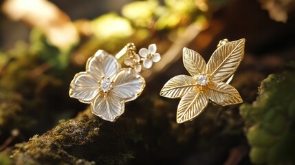 Wall Mural - Elegant Floral Earrings with Gold Finish and Sparkling Gem Details