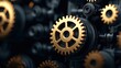 Golden gear on black machinery, isolated for clarity.
