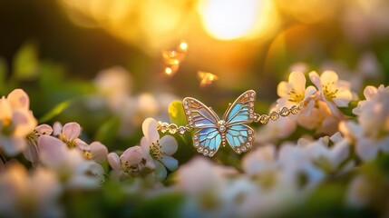 Wall Mural - Elegant Butterfly Brooch Among Blossoms in Warm Sunset Glow