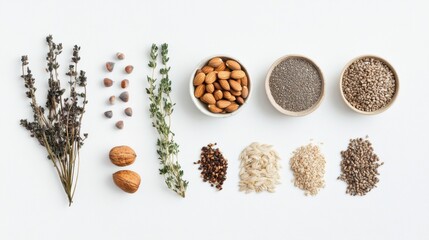 Poster - Various organic ingredients such as seeds, nuts, and herbs are artfully arranged on a clean white background, providing ample space for text. Generative AI