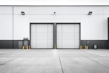 Wall Mural - Modern Industrial Warehouse Exterior with Large Closed Roller Doors and Minimalist Design