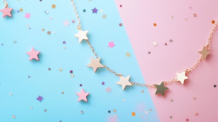 Wall Mural - Elegant Star Necklace on Soft Blue and Pink Background with Confetti