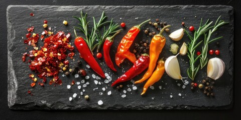 Wall Mural - A mix of peppers, enhanced with salt, rosemary, and garlic, elegantly displayed on shale stone. This captivating scene features a black food background, highlighting the spices beautifully from the