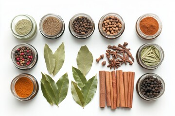 Poster - Small jars filled with vibrant spices surround bay leaves and cinnamon sticks, creating a fragrant arrangement perfect for cooking inspiration. Generative AI