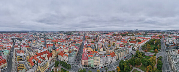 Poster - Prague architecture, aerial view. Historical buildings with red roofs in European city. Birds eye view of cityscape of Praha, Czech Republic