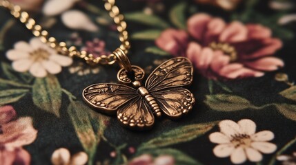 Wall Mural - Antique Butterfly Pendant on Floral Background with Golden Chain
