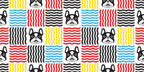 Wall Mural - dog seamless pattern french bulldog smile face head wave checked vector cartoon puppy pet doodle gif