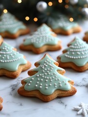 Wall Mural - A row of green cookies with white sprinkles on them, arranged in a line