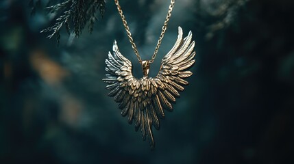 Wall Mural - Intricately Designed Silver Wing Necklace Hanging in Natural Setting