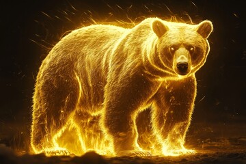 A majestic golden bear, glowing with an ethereal light in the dark sky