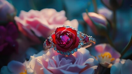 Wall Mural - Exquisite Floral Ring with Rose Design and Colorful Gemstones