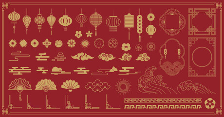 Happy Chinese New Year 2025 Icons vector set. Lanterns, snake, firework, corner, pattern, cloud, coin, flower isolated icons of Asian Lunar New Year holiday decoration vector.