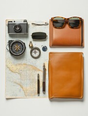 Poster - Plan your next journey with essential travel items like a map, compass, camera, and sunglasses laid out on a clean background. Generative AI