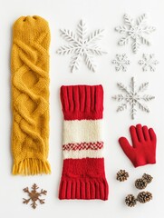 Poster - Colorful winter accessories including a yellow scarf and red gloves are arranged with decorative snowflakes and pine cones on a white surface. Generative AI