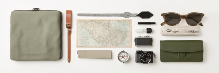 Poster - Explore must-have travel essentials like a map, compass, camera, and sunglasses arranged neatly for your next adventure. Generative AI