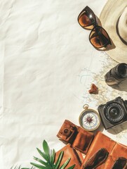 Poster - Pack your travel essentials featuring a map, compass, camera, and sunglasses on a white backdrop with space for your travel notes. Generative AI