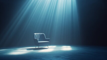 Wall Mural - A chair is sitting in a dark room with a spotlight shining on it